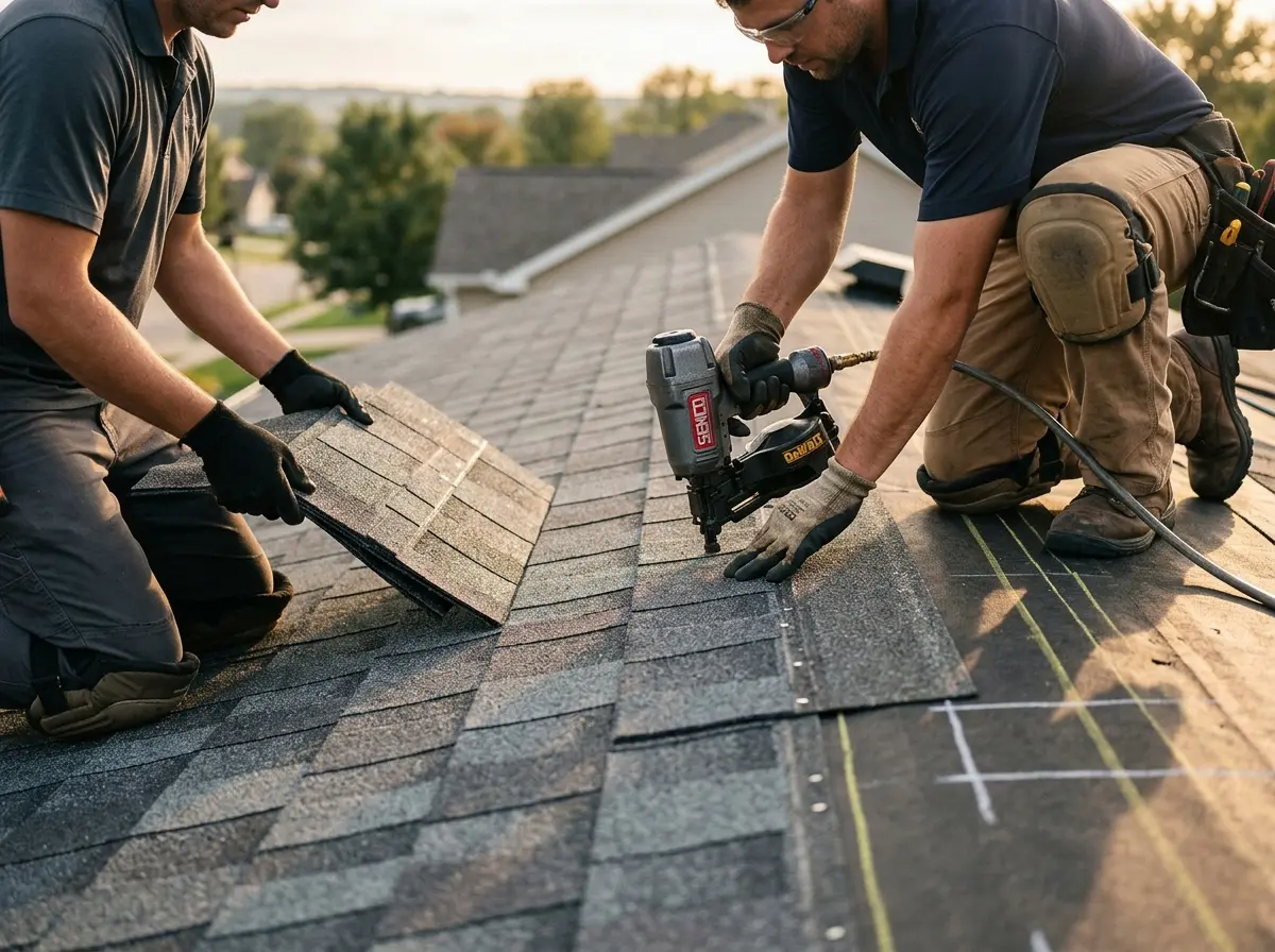 Professional roofer working on a residential roof in Chattanooga